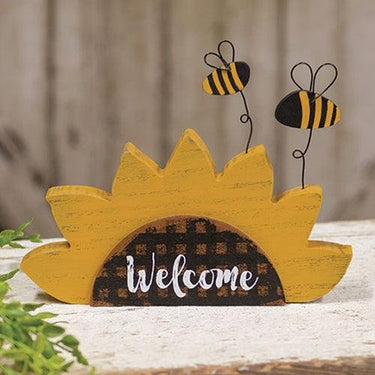 Distressed Wooden Welcome Sunflower Sitter w Bees - The Fox Decor